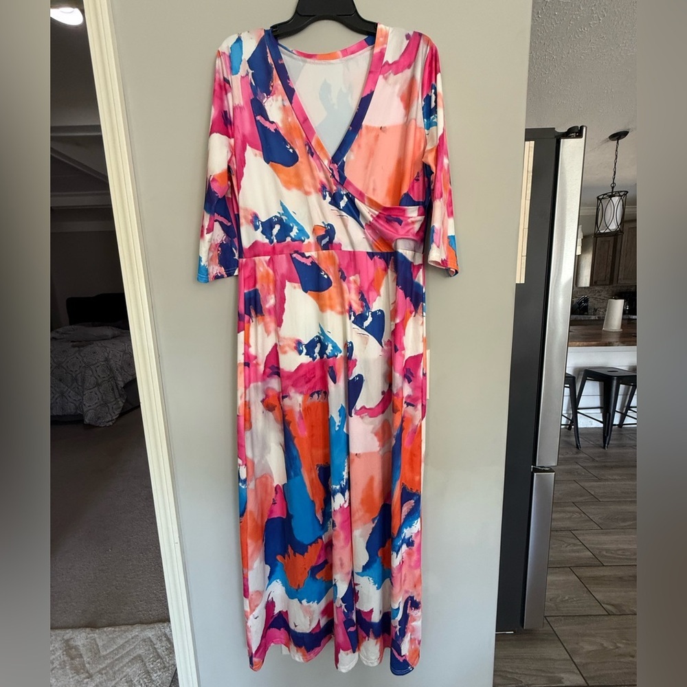 Vibrant Abstract Print Wrap Maxi Dress - Pink & Blue